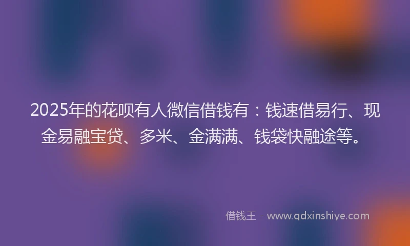 2025年的花呗有人微信借钱有：钱速借易行、现金易融宝贷、多米、金满满、钱袋快融途等。