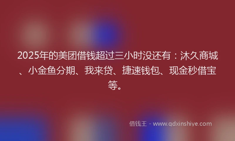 2025年的美团借钱超过三小时没还有：沐久商城、小金鱼分期、我来贷、捷速钱包、现金秒借宝等。
