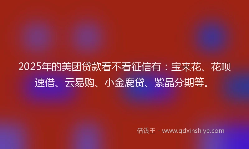 2025年的美团贷款看不看征信有：宝来花、花呗速借、云易购、小金鹿贷、紫晶分期等。
