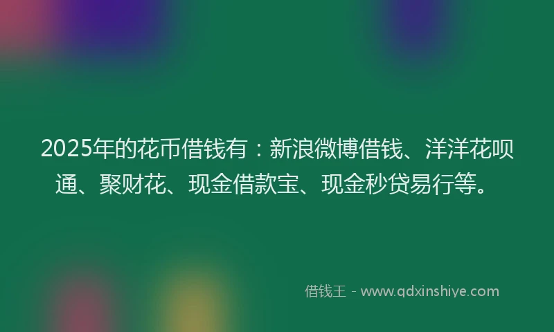 2025年的花币借钱有：新浪微博借钱、洋洋花呗通、聚财花、现金借款宝、现金秒贷易行等。
