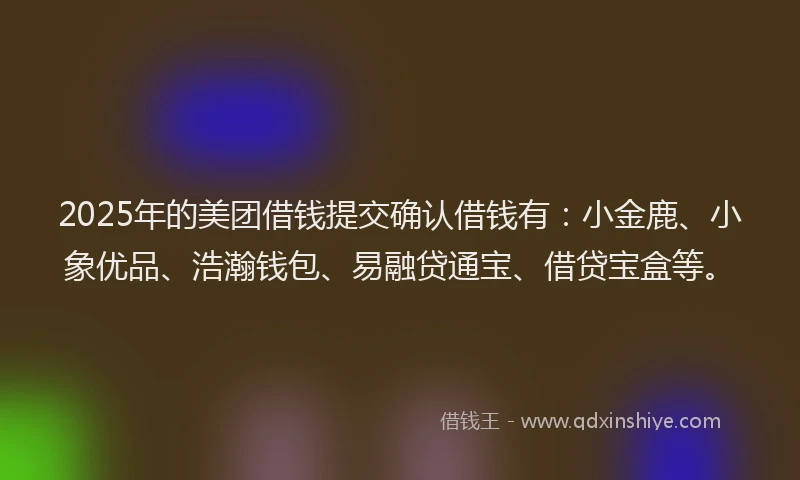 2025年的美团借钱提交确认借钱有：小金鹿、小象优品、浩瀚钱包、易融贷通宝、借贷宝盒等。