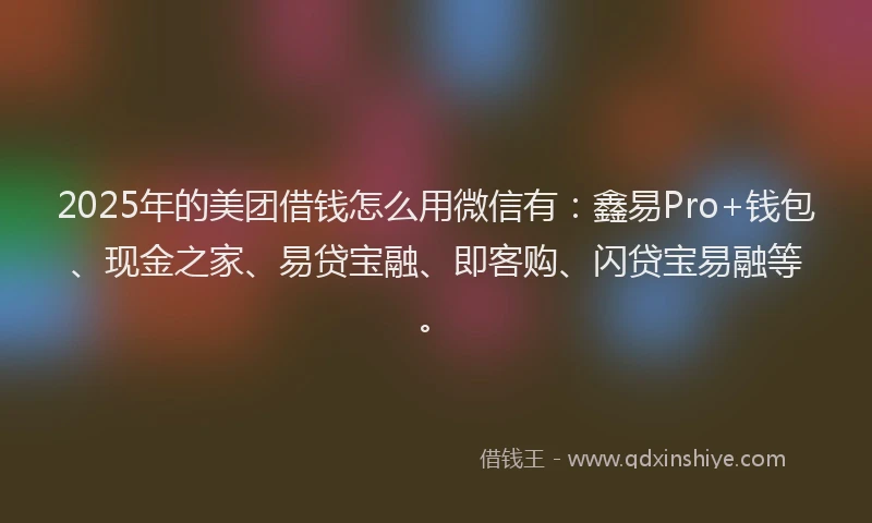 2025年的美团借钱怎么用微信有：鑫易Pro+钱包、现金之家、易贷宝融、即客购、闪贷宝易融等。