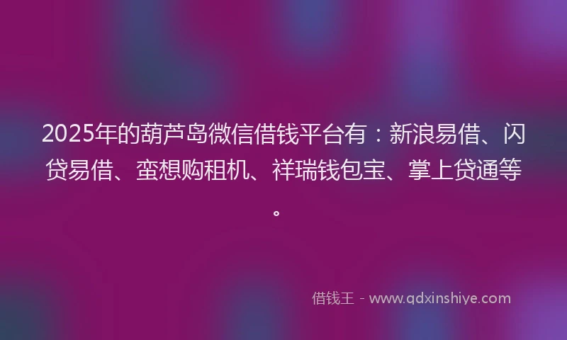 2025年的葫芦岛微信借钱平台有：新浪易借、闪贷易借、蛮想购租机、祥瑞钱包宝、掌上贷通等。