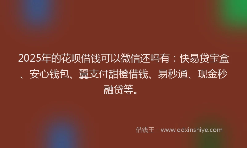 2025年的花呗借钱可以微信还吗有：快易贷宝盒、安心钱包、翼支付甜橙借钱、易秒通、现金秒融贷等。