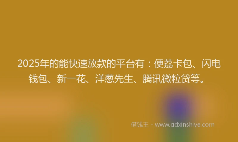 2025年的能快速放款的平台有：便荔卡包、闪电钱包、新一花、洋葱先生、腾讯微粒贷等。