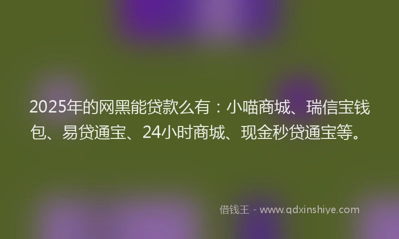 2025年的网黑能贷款么有：小喵商城、瑞信宝钱包、易贷通宝、24小时商城、现金秒贷通宝等。