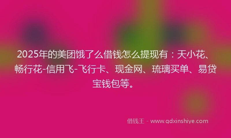 2025年的美团饿了么借钱怎么提现有：天小花、畅行花-信用飞-飞行卡、现金网、琉璃买单、易贷宝钱包等。