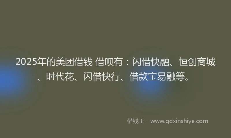 2025年的美团借钱 借呗有：闪借快融、恒创商城、时代花、闪借快行、借款宝易融等。
