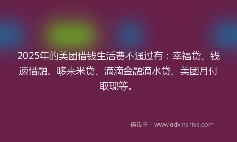 2025年的美团借钱生活费不通过有：幸福贷、钱速借融、哆来米贷、滴滴金融滴水贷、美团月付取现等。