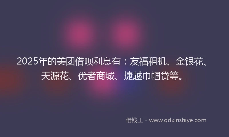 2025年的美团借呗利息有：友福租机、金银花、天源花、优者商城、捷越巾帼贷等。