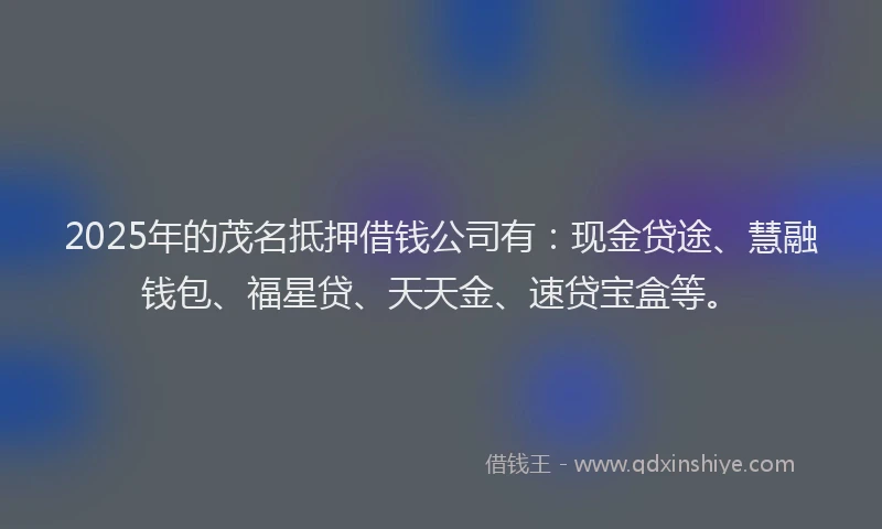 2025年的茂名抵押借钱公司有：现金贷途、慧融钱包、福星贷、天天金、速贷宝盒等。