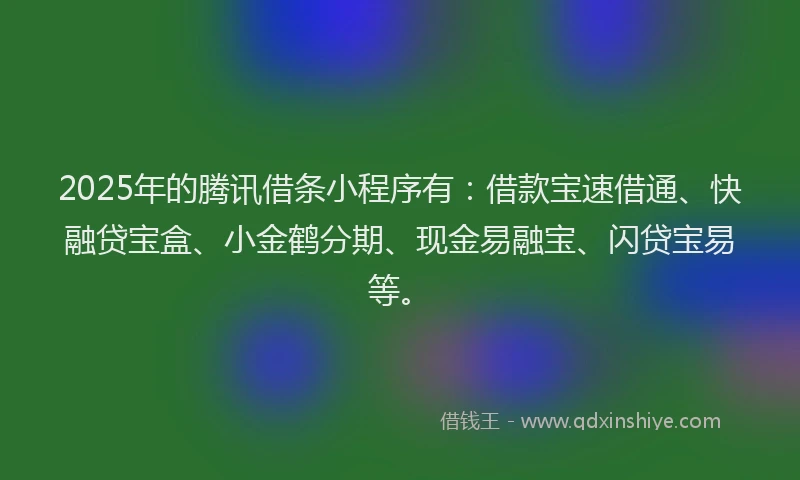 2025年的腾讯借条小程序有：借款宝速借通、快融贷宝盒、小金鹤分期、现金易融宝、闪贷宝易等。
