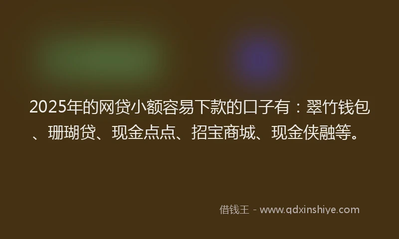 2025年的网贷小额容易下款的口子有：翠竹钱包、珊瑚贷、现金点点、招宝商城、现金侠融等。