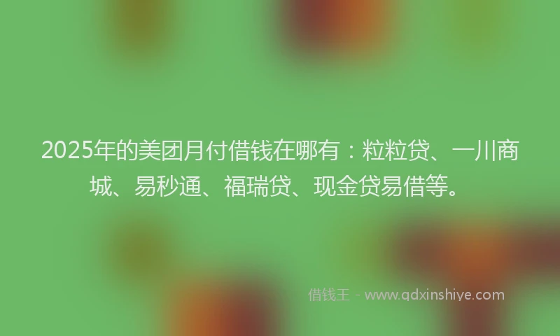 2025年的美团月付借钱在哪有：粒粒贷、一川商城、易秒通、福瑞贷、现金贷易借等。