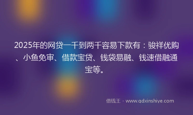 2025年的网贷一千到两千容易下款有：骏祥优购、小鱼免审、借款宝贷、钱袋易融、钱速借融通宝等。
