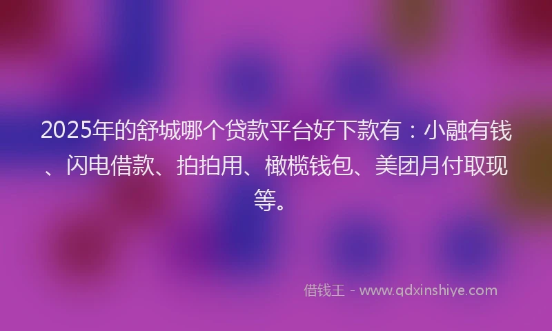 2025年的舒城哪个贷款平台好下款有：小融有钱、闪电借款、拍拍用、橄榄钱包、美团月付取现等。