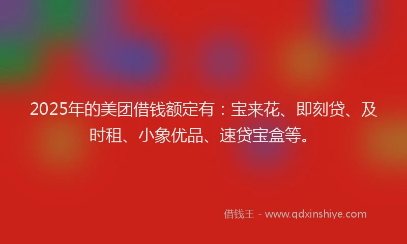 2025年的美团借钱额定有：宝来花、即刻贷、及时租、小象优品、速贷宝盒等。