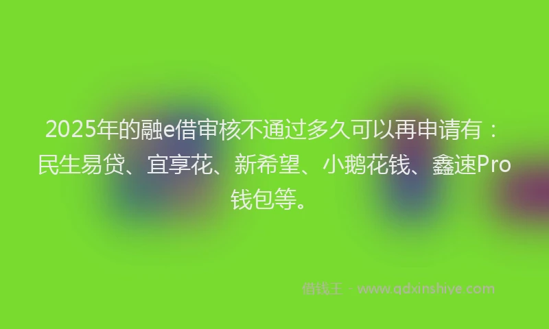 2025年的融e借审核不通过多久可以再申请有：民生易贷、宜享花、新希望、小鹅花钱、鑫速Pro钱包等。