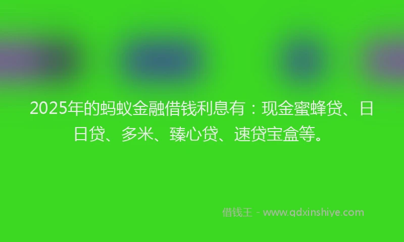 2025年的蚂蚁金融借钱利息有：现金蜜蜂贷、日日贷、多米、臻心贷、速贷宝盒等。