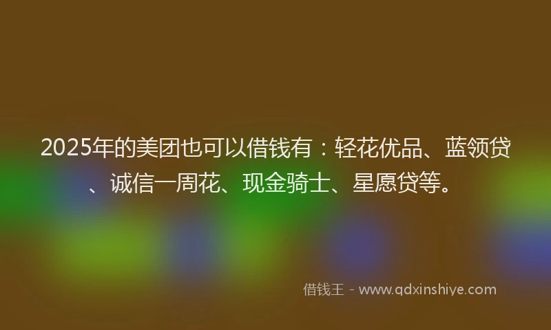 2025年的美团也可以借钱有：轻花优品、蓝领贷、诚信一周花、现金骑士、星愿贷等。