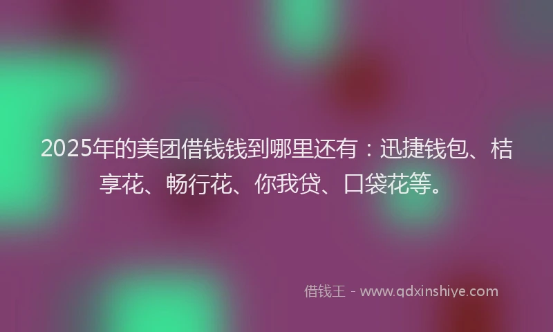 2025年的美团借钱钱到哪里还有：迅捷钱包、桔享花、畅行花、你我贷、口袋花等。