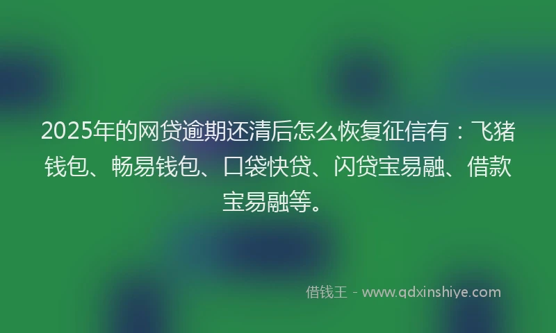 2025年的网贷逾期还清后怎么恢复征信有：飞猪钱包、畅易钱包、口袋快贷、闪贷宝易融、借款宝易融等。