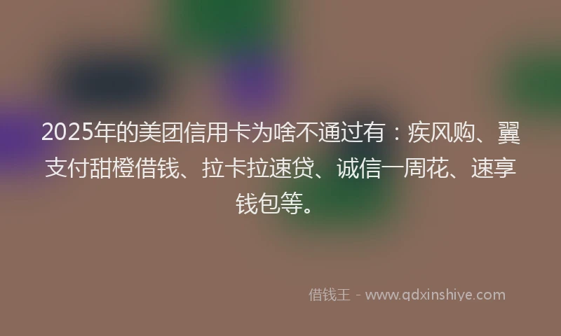 2025年的美团信用卡为啥不通过有：疾风购、翼支付甜橙借钱、拉卡拉速贷、诚信一周花、速享钱包等。