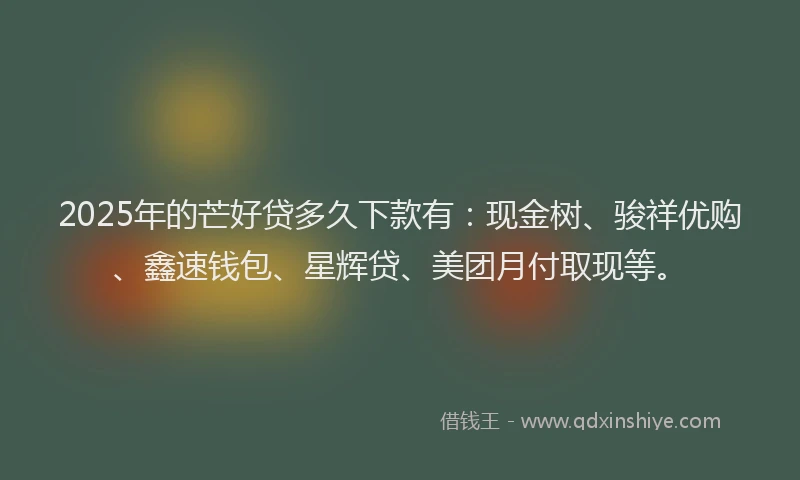 2025年的芒好贷多久下款有：现金树、骏祥优购、鑫速钱包、星辉贷、美团月付取现等。