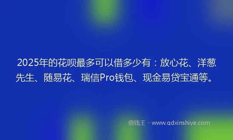 2025年的花呗最多可以借多少有：放心花、洋葱先生、随易花、瑞信Pro钱包、现金易贷宝通等。
