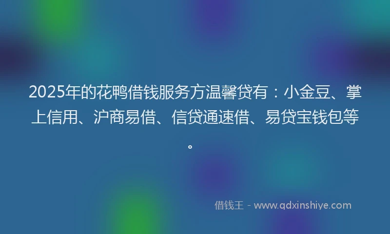 2025年的花鸭借钱服务方温馨贷有：小金豆、掌上信用、沪商易借、信贷通速借、易贷宝钱包等。