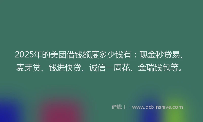 2025年的美团借钱额度多少钱有：现金秒贷易、麦芽贷、钱进快贷、诚信一周花、金瑞钱包等。