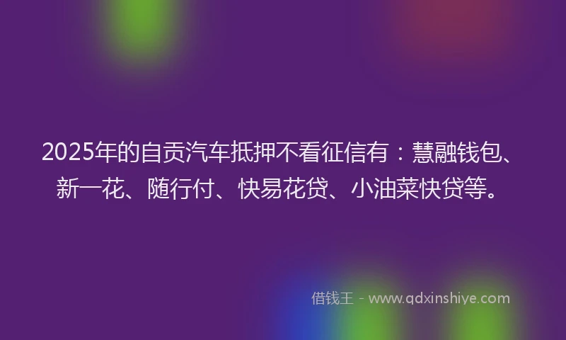2025年的自贡汽车抵押不看征信有：慧融钱包、新一花、随行付、快易花贷、小油菜快贷等。