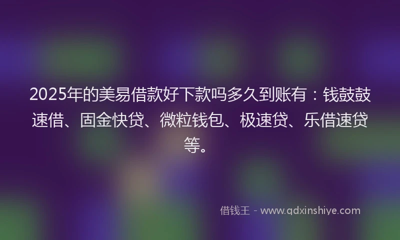 2025年的美易借款好下款吗多久到账有：钱鼓鼓速借、固金快贷、微粒钱包、极速贷、乐借速贷等。