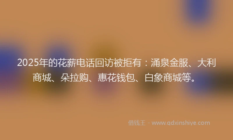 2025年的花薪电话回访被拒有：涌泉金服、大利商城、朵拉购、惠花钱包、白象商城等。
