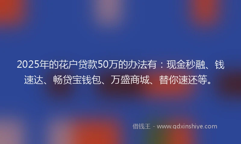 2025年的花户贷款50万的办法有：现金秒融、钱速达、畅贷宝钱包、万盛商城、替你速还等。
