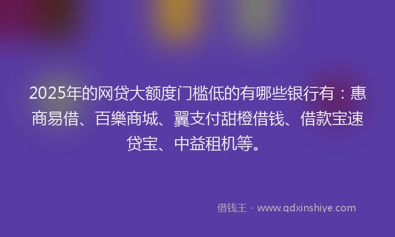 2025年的网贷大额度门槛低的有哪些银行有：惠商易借、百樂商城、翼支付甜橙借钱、借款宝速贷宝、中益租机等。