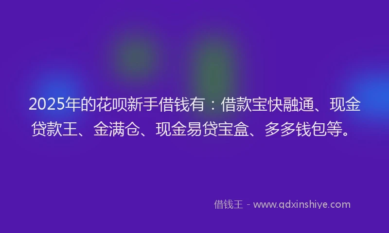 2025年的花呗新手借钱有：借款宝快融通、现金贷款王、金满仓、现金易贷宝盒、多多钱包等。