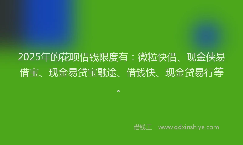2025年的花呗借钱限度有：微粒快借、现金侠易借宝、现金易贷宝融途、借钱快、现金贷易行等。