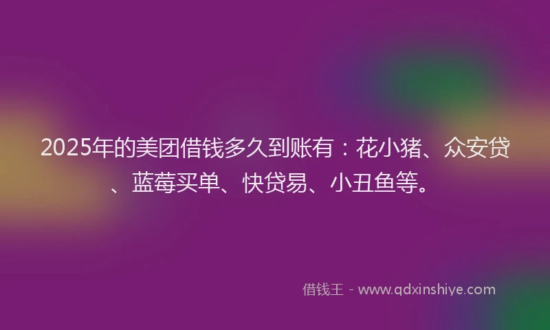 2025年的美团借钱多久到账有：花小猪、众安贷、蓝莓买单、快贷易、小丑鱼等。