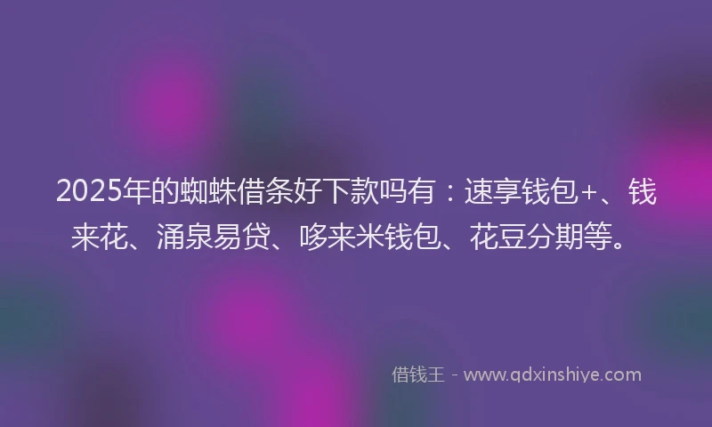 2025年的蜘蛛借条好下款吗有：速享钱包+、钱来花、涌泉易贷、哆来米钱包、花豆分期等。