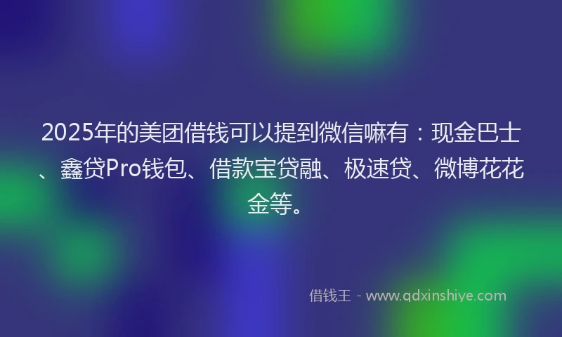 2025年的美团借钱可以提到微信嘛有：现金巴士、鑫贷Pro钱包、借款宝贷融、极速贷、微博花花金等。