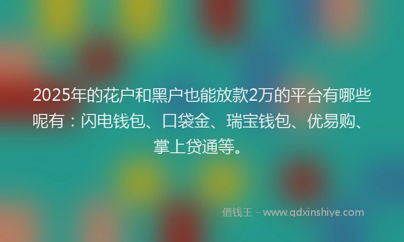 2025年的花户和黑户也能放款2万的平台有哪些呢有：闪电钱包、口袋金、瑞宝钱包、优易购、掌上贷通等。