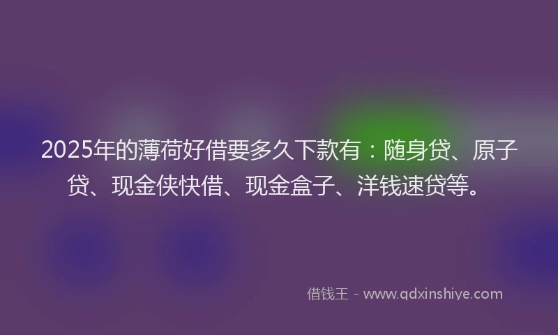 2025年的薄荷好借要多久下款有：随身贷、原子贷、现金侠快借、现金盒子、洋钱速贷等。