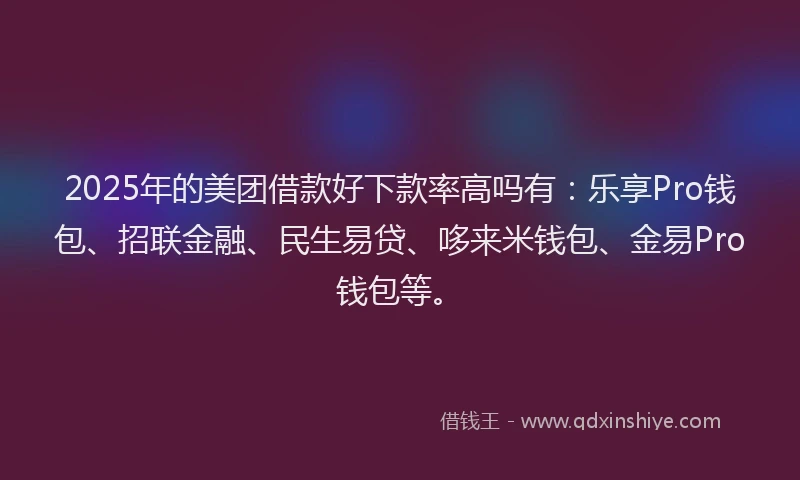 2025年的美团借款好下款率高吗有：乐享Pro钱包、招联金融、民生易贷、哆来米钱包、金易Pro钱包等。