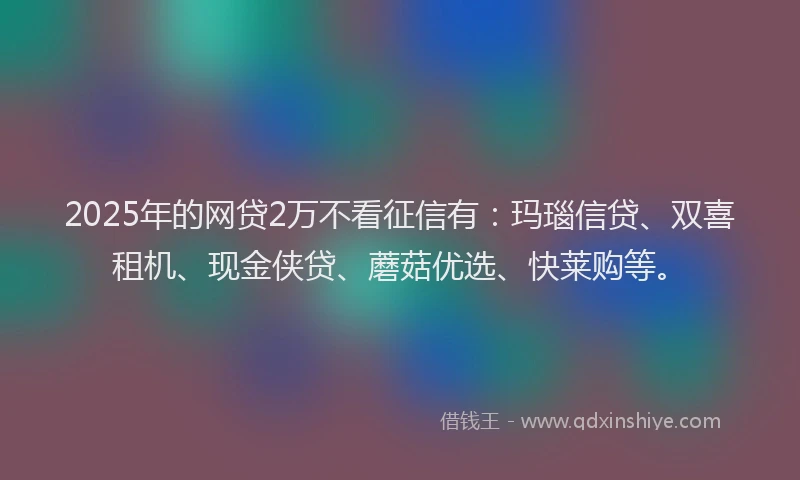 2025年的网贷2万不看征信有：玛瑙信贷、双喜租机、现金侠贷、蘑菇优选、快莱购等。