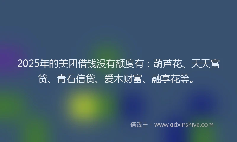 2025年的美团借钱没有额度有：葫芦花、天天富贷、青石信贷、爱木财富、融享花等。