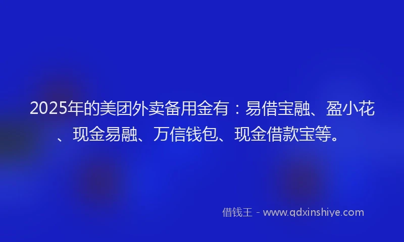2025年的美团外卖备用金有：易借宝融、盈小花、现金易融、万信钱包、现金借款宝等。