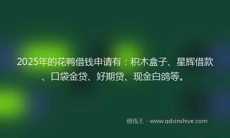 2025年的花鸭借钱申请有：积木盒子、星辉借款、口袋金贷、好期贷、现金白鸽等。