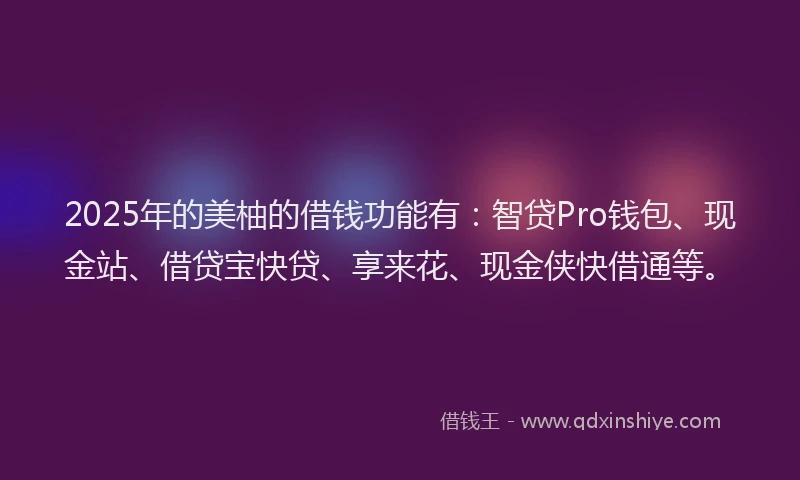 2025年的美柚的借钱功能有：智贷Pro钱包、现金站、借贷宝快贷、享来花、现金侠快借通等。