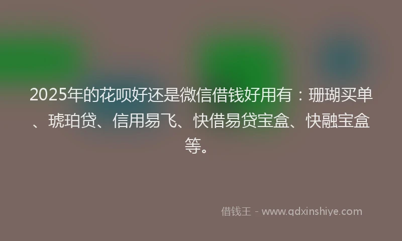 2025年的花呗好还是微信借钱好用有：珊瑚买单、琥珀贷、信用易飞、快借易贷宝盒、快融宝盒等。